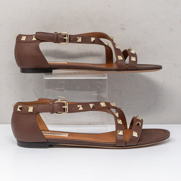 Valentino Garavani Brown Rockstud Crisscross Flat Sandals, Size 36.5 EU (6.5 US) - Picture 2 of 6